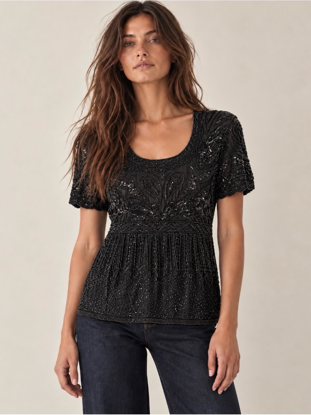 Vintage Black Silk Beaded Sequin Blouse - Short Sleeve Evening Top